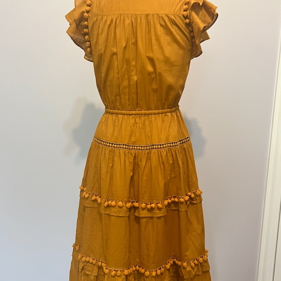 Point Sur for J. Crew Pom-Pom Flutter Sleeve Cotton Midi Dress in Caramel Size 2 - Picture 5 of 5